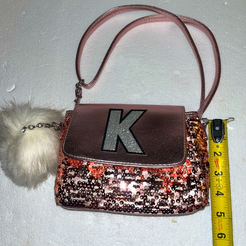 Justice Girls pink sequin crossbody purse with initial “K”